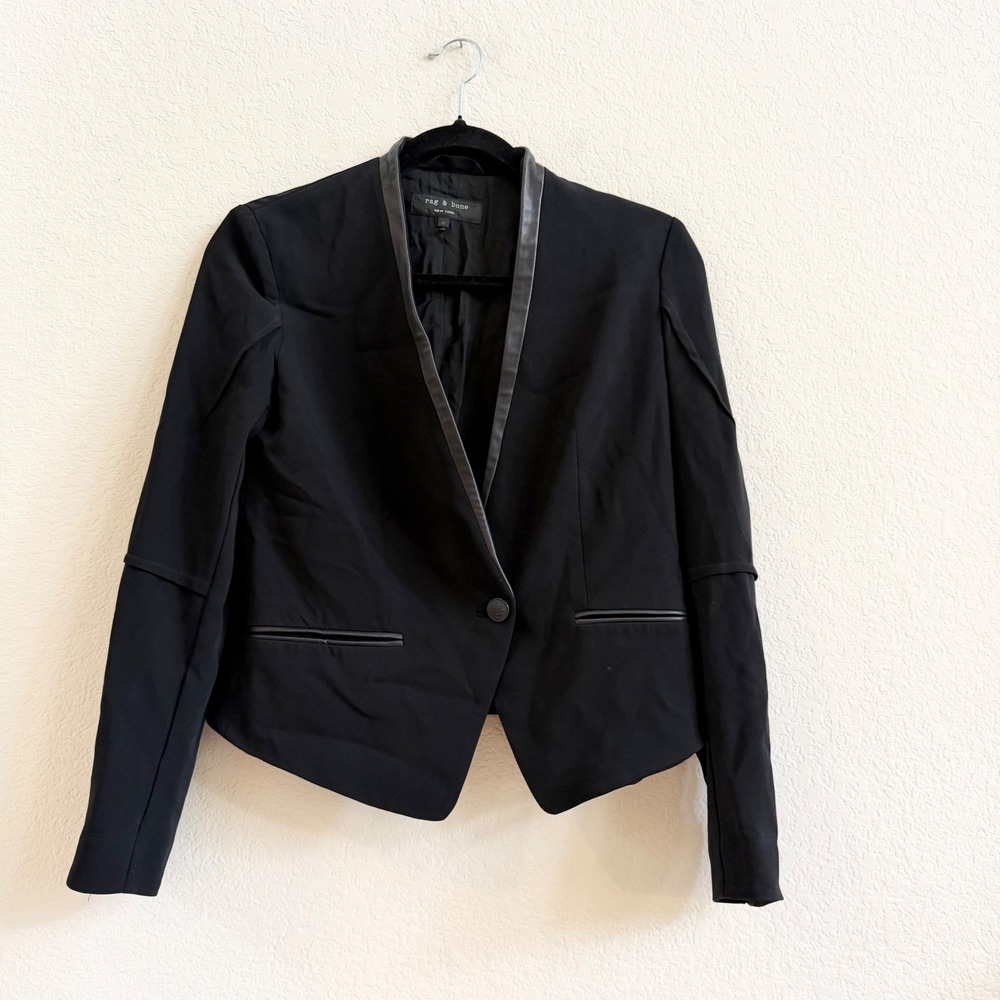 Rag & Bone Black Leather Trim Tuxedo Blazer Jacket Size 0 Made in USA Slim Fit